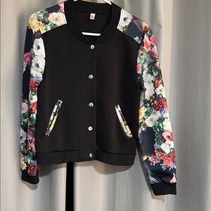 Black Bomber Jacket with Floral Sleeves